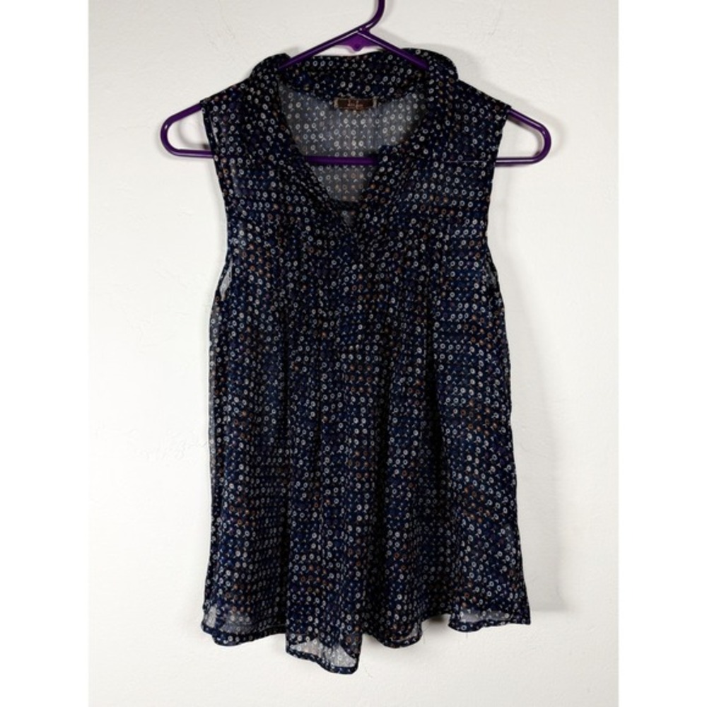 dm bm Floral Print Sleeveless‎ Collared V-Neck Blouse Womens Small Navy Brown
